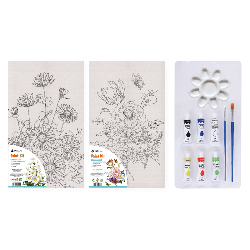 Chrysanthemum Painting Kit with Canvas&Paintbrushes&6 Paints