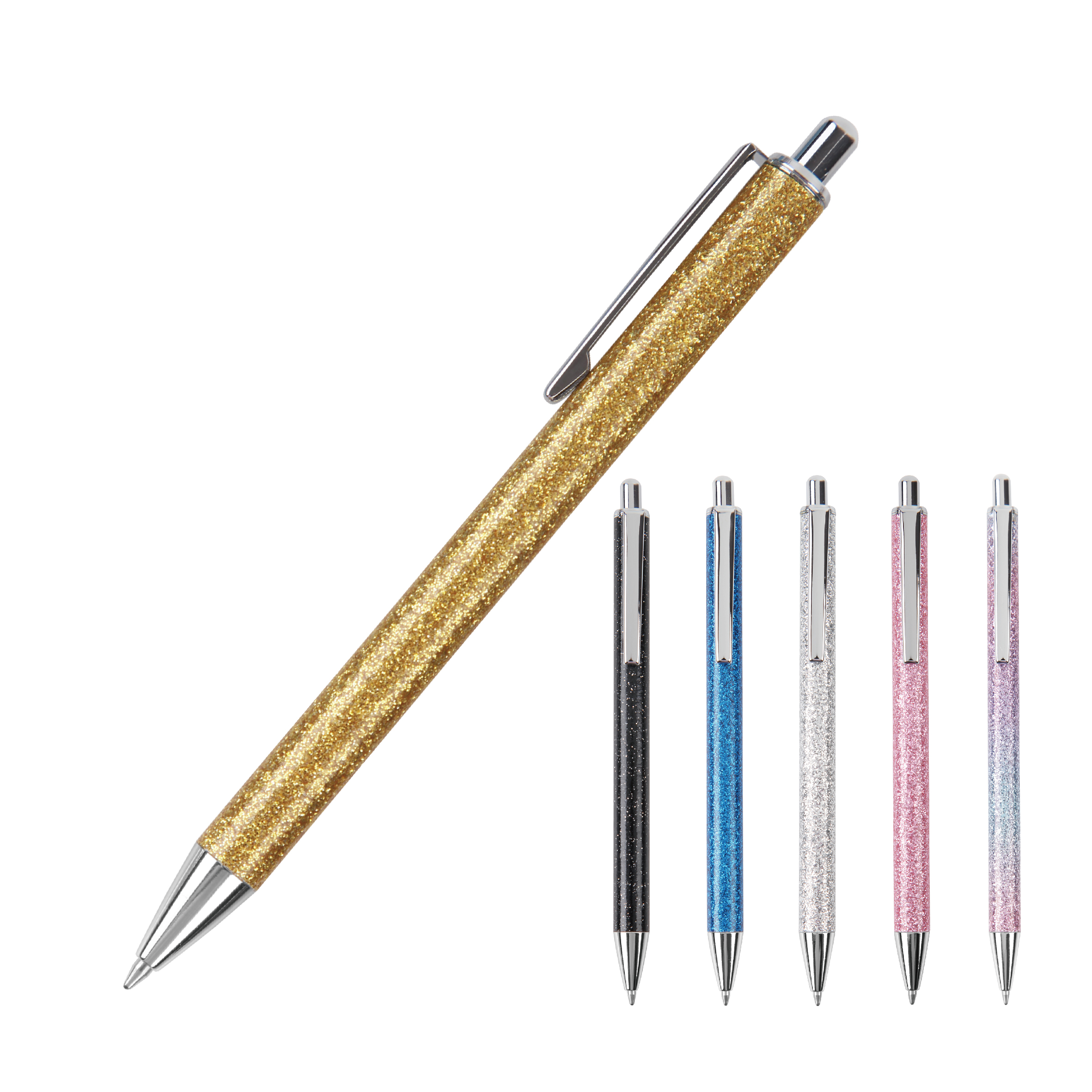 Funkelnder rosafarbener goldener einziehbarer Kugelschreiber aus Metall für das Schulbüro