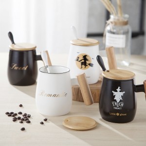 Nordic Porcelain Cup With Bamboo Lid And Spoon Wooden Handle Ceramic Coffee Mug