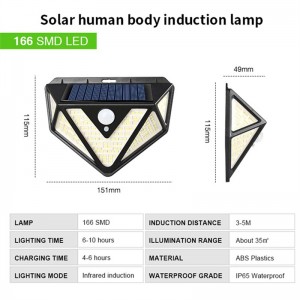 166LED Lampu Solar Luar, 3 Modeu 270 ° Cahaya Angle Solar Motion Sensor Lampu Kaamanan