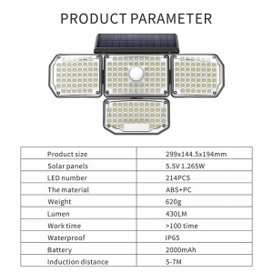 214 LED 4-kops zonnesensor wandlamp voor buitentuin