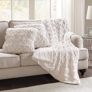 Comfort Spaces Ruched Faux Fur Plush 3 Piece Throw Blanket Set Ultra Soft Fluffy with 2 Square Pillow Covers, 50″x60″, Ivory