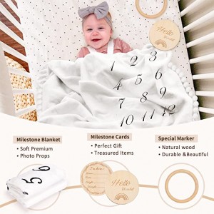 Baby Milestone Monthly Blanket with Double-Sided Milestone Cards and Circle Ring Play Mat Large(43.3″ X43.3′) Double Sided Pom Pom Ball Thick Flannel Round Rug for Boy Girl, Baby Photog...