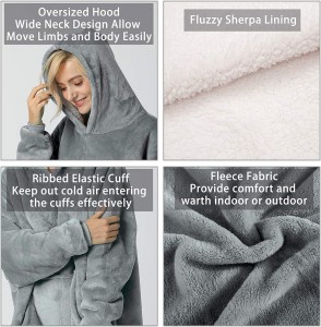 Oversized Flannel Blanket with Long Sleeves, Wearable and Cozy with Large Front Pocket, Sherpa Fleece Lining for Adults, Teens and Children One Size Fits All (Gray)