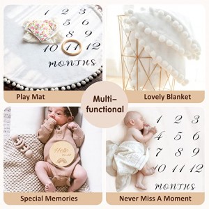 Baby Milestone Monthly Blanket with Double-Sided Milestone Cards and Circle Ring Play Mat Large(43.3″ X43.3′) Double Sided Pom Pom Ball Thick Flannel Round Rug for Boy Girl, Baby Photography Props