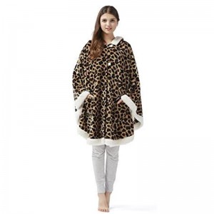 Plush to Sherpa Pocket Hooded Angel Wrap Ultra Soft Wearable Poncho Blanket Throw, 58″x72″, Leopard