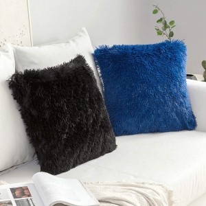 Pack of 2 Luxury Faux Fur Fluffy Throw Pillow Covers Set Soft Deluxe Decorative Plush Fleece Pillowcases for Cushion Couch Sofa Bedroom Home 16 x 16 Inch Black