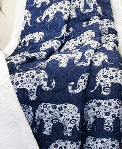 Navy Elephant Parade Throw Fuzzy Reversible Sherpa Blanket