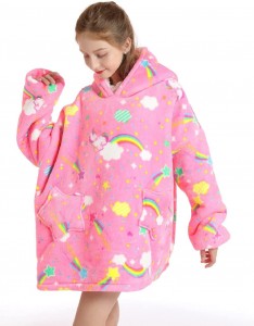 Oversized Blanket Sweatshirt for Kids, Super Soft Fluffy Sherpa Fleece Hoodie Sweatshirt with Two Stat Pockets One Size Wearable Snuggle Blankets Fits All for Boys Girls (7-14 Years)