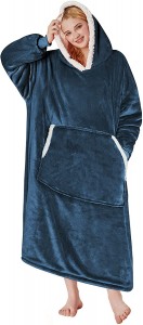 Oversized Wearable Blanket Hoodie, Flannel Sherpa Fleece Blanket Sweatshirt for Adults Women Men, Big Plush Cozy Hooded Blanket with Hood, Pocket & Sleeves, One Size Fits All (Navy Blue)