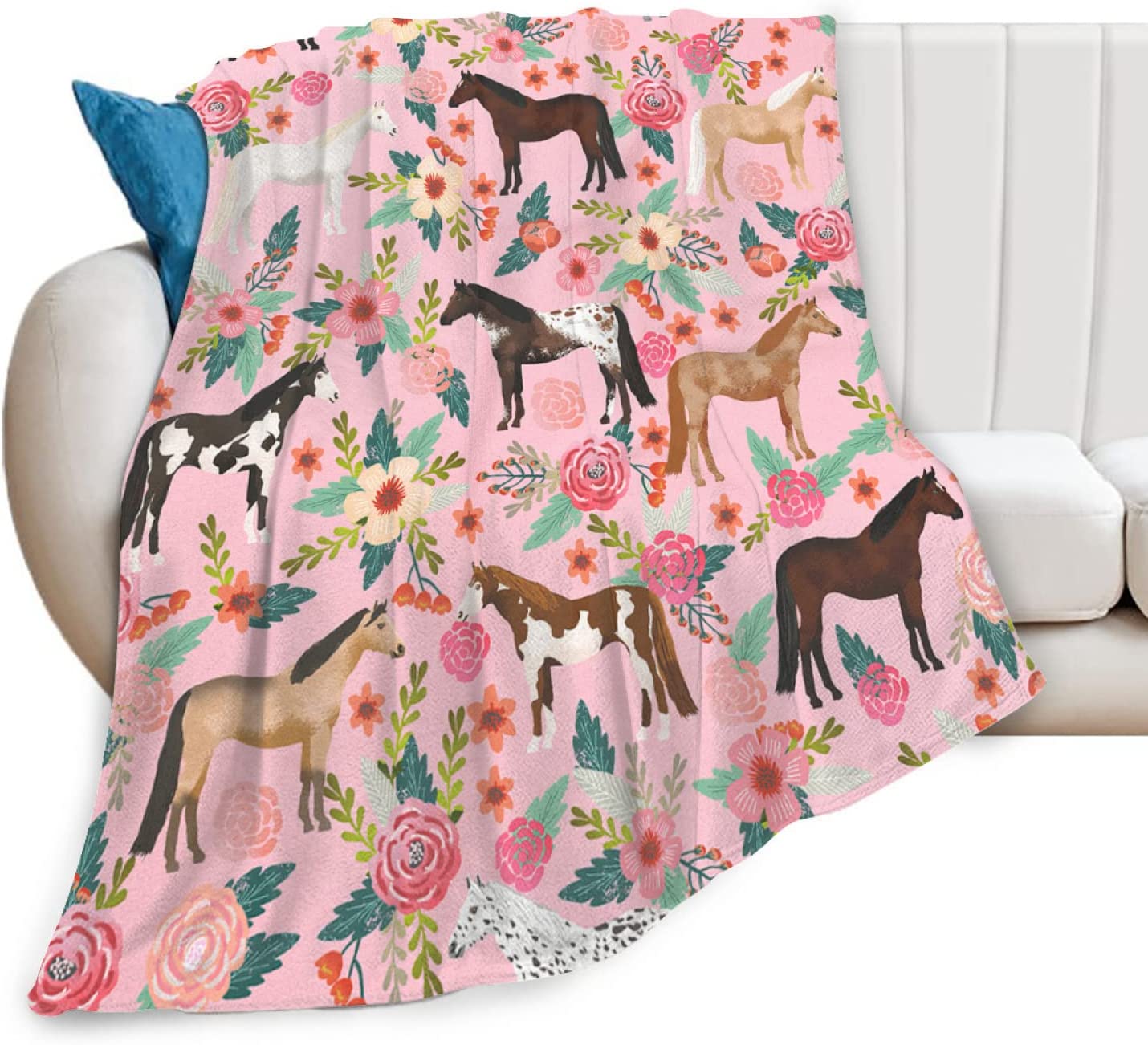 Horse Blanket Gift for Girls Women Cute Animal Horses Flowers Fleece Flannel Throw Blankets Soft Lightweight Plush Pink Blanket for Horse Lovers Decor Bed Sofa Featured Image
