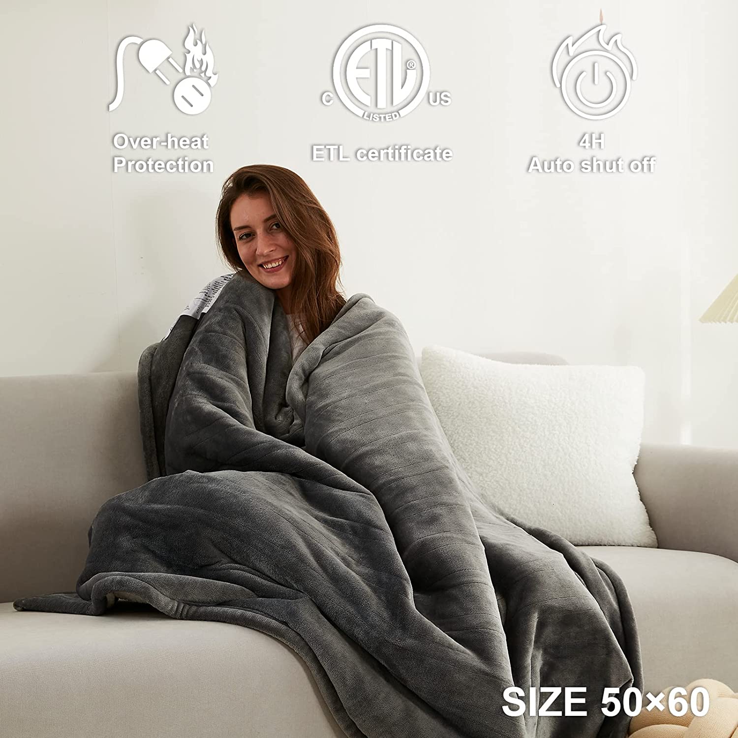 Heated Blanket Electric Throw with 5 Heating Levels & 4 Hours Auto Off, Electric Blanket Super Cozy Machine Washable, Sherpa Electric Throw with Fast Heating for Couch Featured Image