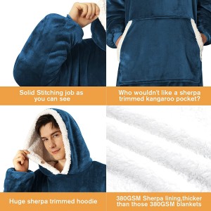 Oversized Wearable Blanket Hoodie, Flannel Sherpa Fleece Blanket Sweatshirt for Adults Women Men, Big Plush Cozy Hooded Blanket with Hood, Pocket & Sleeves, One Size Fits All (Navy Blue)