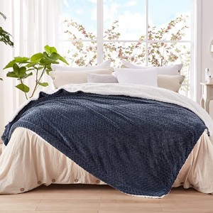 SunStyle Home Sherpa Fleece Blanket Queen Navy Blue Soft Cozy Plush Fluffy Flannel Thick Blanket Leaf Jacquard Luxury Winter Warm Large Reversible Blankets