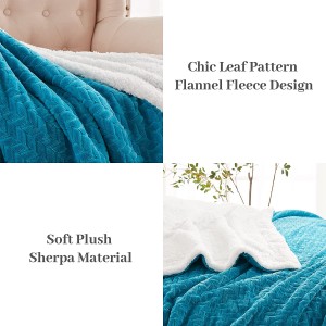 Sherpa Fleece Throw Blanket Twin Teal Blue Soft Cozy Plush Fluffy Flannel Thick Blanket Leaf Jacquard Luxury Winter Warm Reversible Blankets for Couch