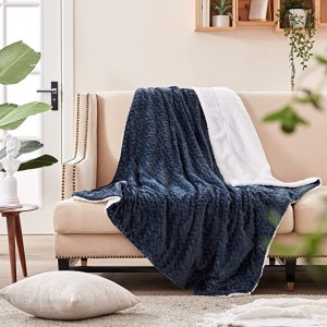 SunStyle Home Sherpa Fleece Blanket Queen Navy Blue Soft Cozy Plush Fluffy Flannel Thick Blanket Leaf Jacquard Luxury Winter Warm Large Reversible Blankets