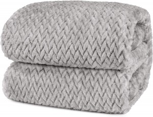 Flannel Fleece Blanket Throw Twin Light Gray, Textured Decorative Velvet Blanket Couch Sofa Bed, Fuzzy Plush Cozy Warm Lightweight Microfiber Blanket, Jacquard Weave Leaf Pattern