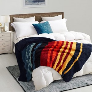 Premium Reversible Sherpa Fleece Flannel Blanket Navy Throw Size Colorful Striped Bed Blanket Super Soft and Cozy Berber Fleece Blanket for All Season