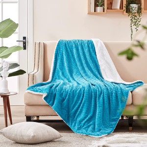 Sherpa Fleece Throw Blanket Twin Teal Blue Soft Cozy Plush Fluffy Flannel Thick Blanket Leaf Jacquard Luxury Winter Warm Reversible Blankets for Couch
