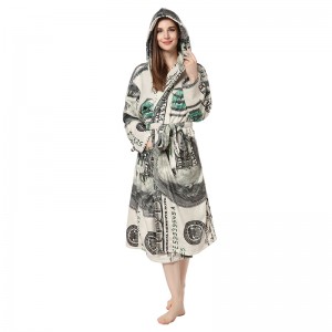 Newly Designed US Dollar Patterned Printed Pajamas and Home Warm Flannel Bathrobe