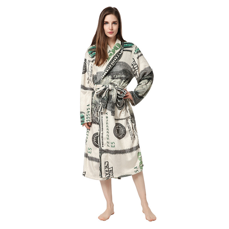 Free sample for 100% Polyester Microfiber Fabric - Newly Designed US Dollar Patterned Printed Pajamas and Home Warm Flannel Bathrobe – Baoyujia