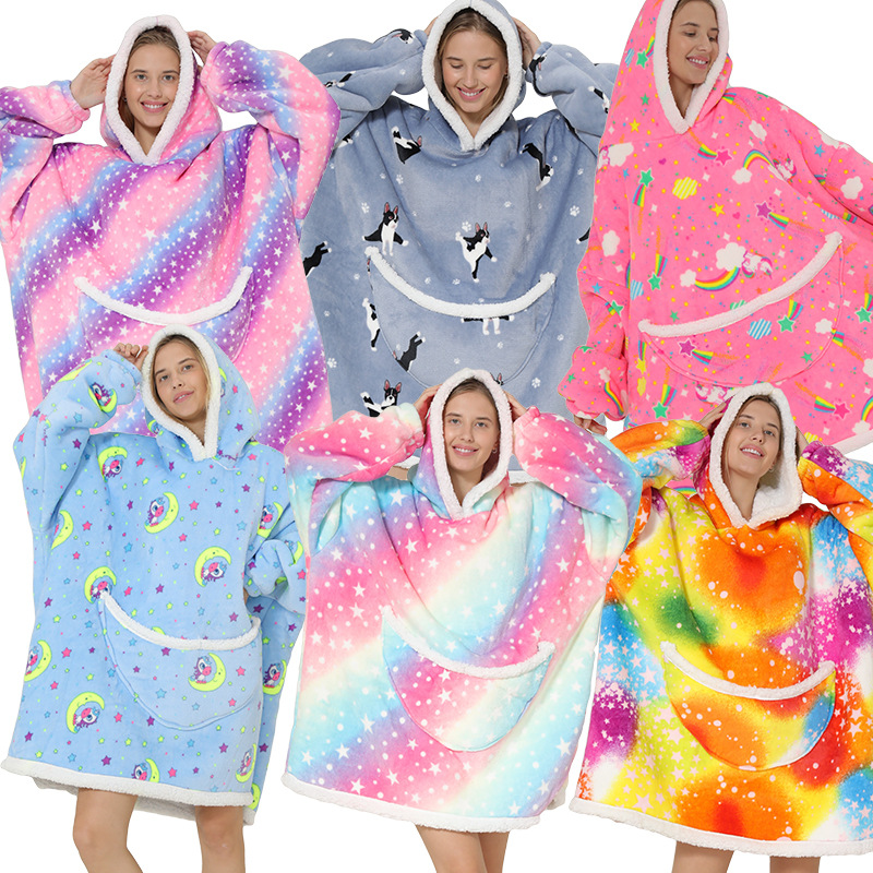 OEM Customized Glow In The Dark Blanket Fabric - Lazy Blanket Hoodie Composite Sherpa Flannel Sweater Hooded Lazy Outdoor Warm Pajamas – Baoyujia