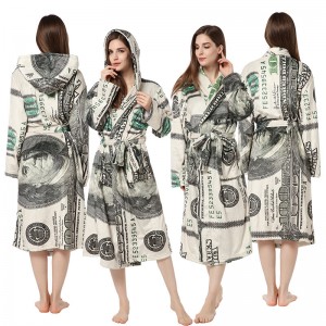 Newly Designed US Dollar Patterned Printed Pajamas and Home Warm Flannel Bathrobe
