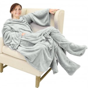 Cross border Amazon lazy blanket flannel TV blanket with foot bag new wearable pocket sofa blanket in autumn and winter