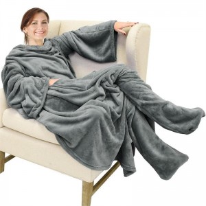 Cross border Amazon lazy blanket flannel TV blanket with foot bag new wearable pocket sofa blanket in autumn and winter