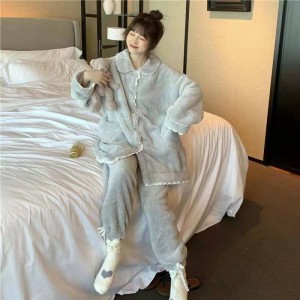 Fashion design winter warm women microfiber sleeping wears ladies pajama set