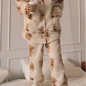 wholesale girls’ knitted winter long sleeve modal sherpa women sleepwear pajama