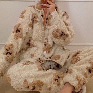 wholesale girls’ knitted winter long sleeve modal sherpa women sleepwear pajama