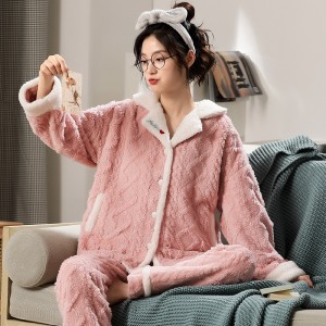 Wholesale Pajamas Women’s Flannel Thickened Long Jacquard Shu Velveteen Plus Size Hooded Home Service Suit
