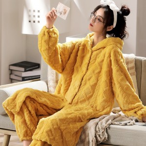 Wholesale Pajamas Women’s Flannel Thickened Long Jacquard Shu Velveteen Plus Size Hooded Home Service Suit