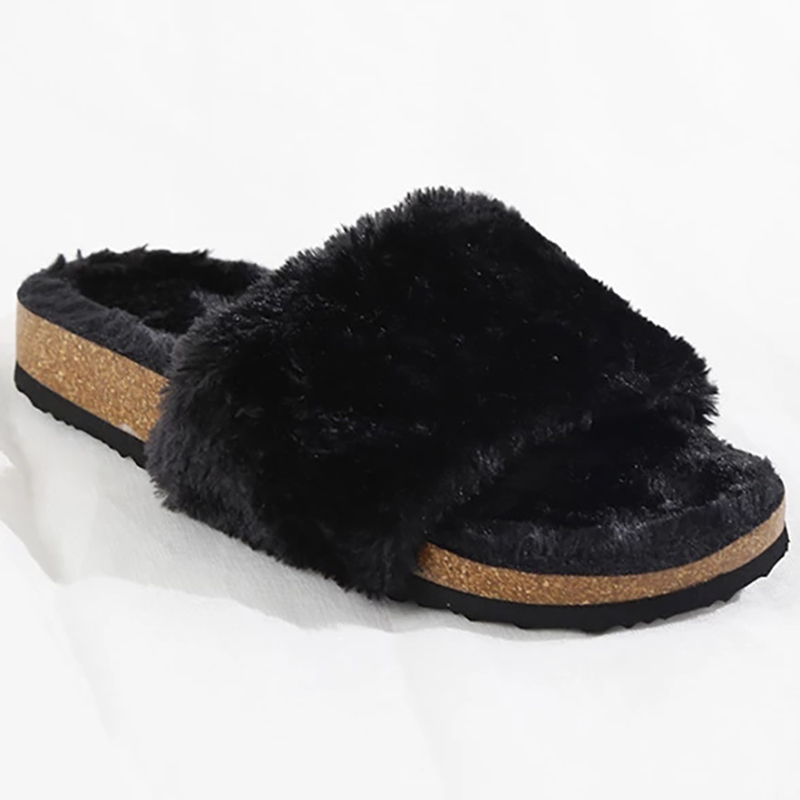 Wholesale ladies indoor outdoor plush slippers shoes, home comfortable open toe non-slip fur slides for women cork sandals Featured Image
