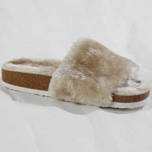 Wholesale ladies indoor outdoor plush slippers shoes, home comfortable open toe non-slip fur slides for women cork sandals