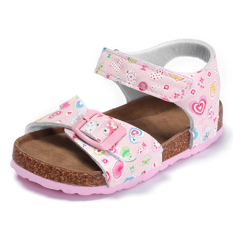 2021 Fashion Pink Loving Heart with Comfortable Leather Insole and Cork Sole Foot-bed Kids Girls Sandals Featured Image