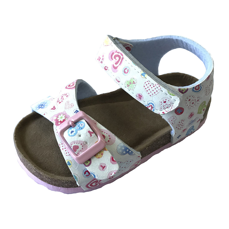 New Design Pu Upper with Hearts printed Cork Sole Girls Foot-bed Sandals For Kids Featured Image
