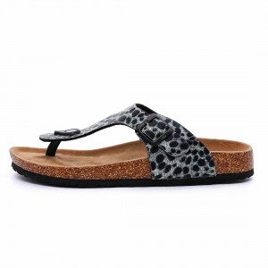 Hotsale Fashion Leopard PU Upper Flipflops Women Thong Sandals for Summer with Bio Cork Sole