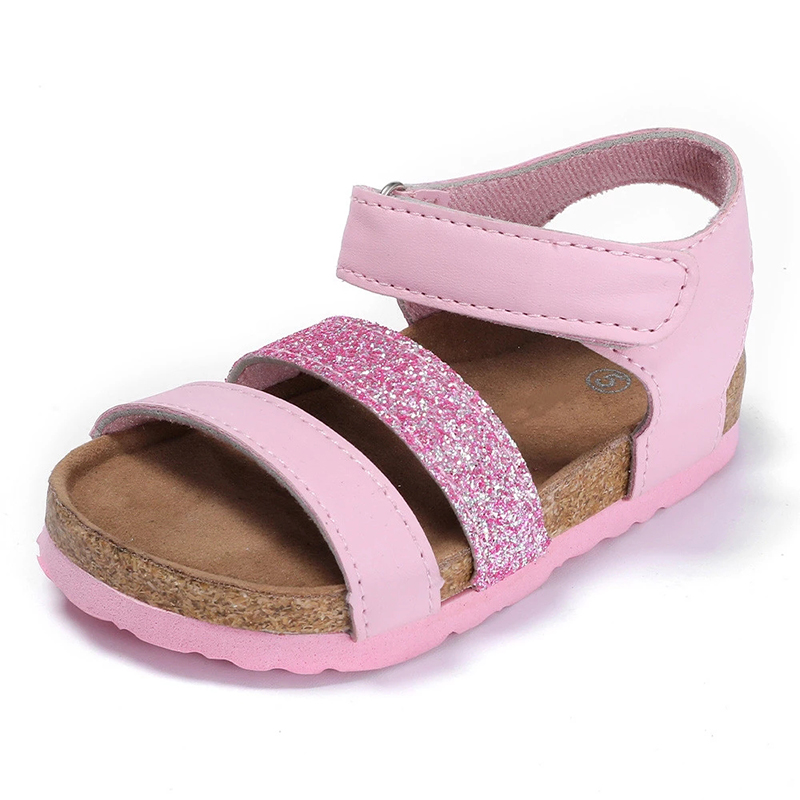 Byring Shoes New Style Kids Girls Glitter PU Slim Straps Cork Foot-bed Sandals with Adjustable Back Closure Featured Image