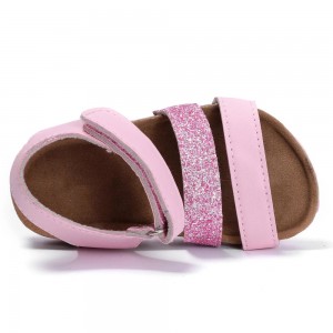 Byring Shoes New Style Kids Girls Glitter PU Slim Straps Cork Foot-bed Sandals with Adjustable Back Closure