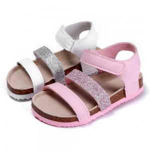 Byring Shoes New Style Kids Girls Glitter PU Slim Straps Cork Foot-bed Sandals with Adjustable Back Closure
