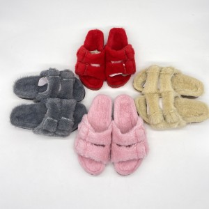 Factory Manufacture Classical Buckle Straps Girls Boys Children Plush Sandals For Indoor Winter Slides Slippers