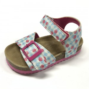 2020 New Design Pu Upper With Srawberry Printed Cork Sole Girls Foot-Bed Sandals For Kids