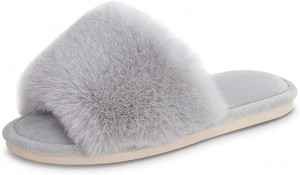 Women’s Faux Fur Slippers Fuzzy Flat Spa Fluffy Open Toe House Shoes Indoor Outdoor Slip on Memory Foam Slide Sandals