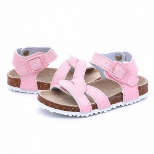 High Class Quality Girls Pink Flat Cute Sandals for Toddler Kids Children with Soft Cow Leather Insock Cork Sole Foot-bed