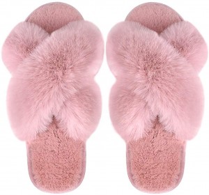 Wholesale OEM China Indoor Outdoor Comfortable Rabbit Faux Fur Slipper Women′s Cross Band Furry Slippers Soft Shoes
