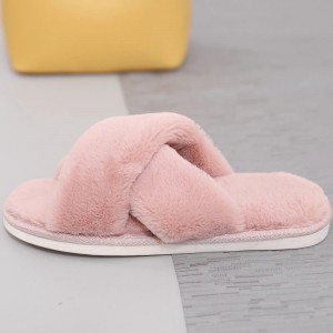 New design women cozy plush open toe cross straps home indoor slippers