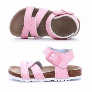 High Class Quality Girls Pink Flat Cute Sandals for Toddler Kids Children with Soft Cow Leather Insock Cork Sole Foot-bed
