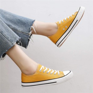 Wholesale 3-time Vulcanized Women’s Low Top Canvas Sneakers, Classic Unisex Lace-up Casual Flat Shoes
